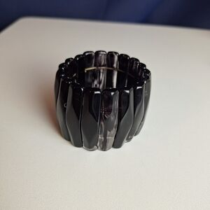 Black Marbled Wide Cuff Stretchy Bracelet Lucite 1 7/8" Wide